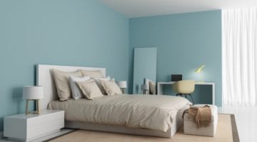 Moderne slaapkamer lichtblauwe muren